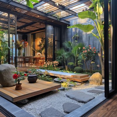 Ý tưởng sân vườn với deck gỗ, pergola và hồ nước
